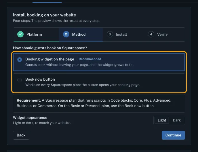 Step 2, Method, for Squarespace, with Booking widget on the page marked Recommended and selected, and the two choices outlined.