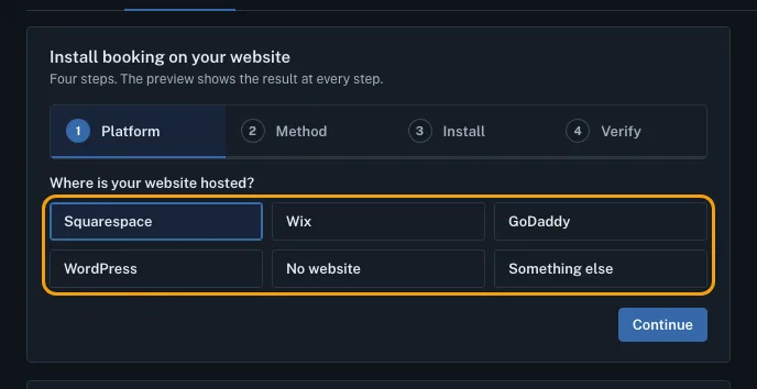 The Install booking on your website card on step 1, Platform, with Squarespace selected and the six website choices outlined.