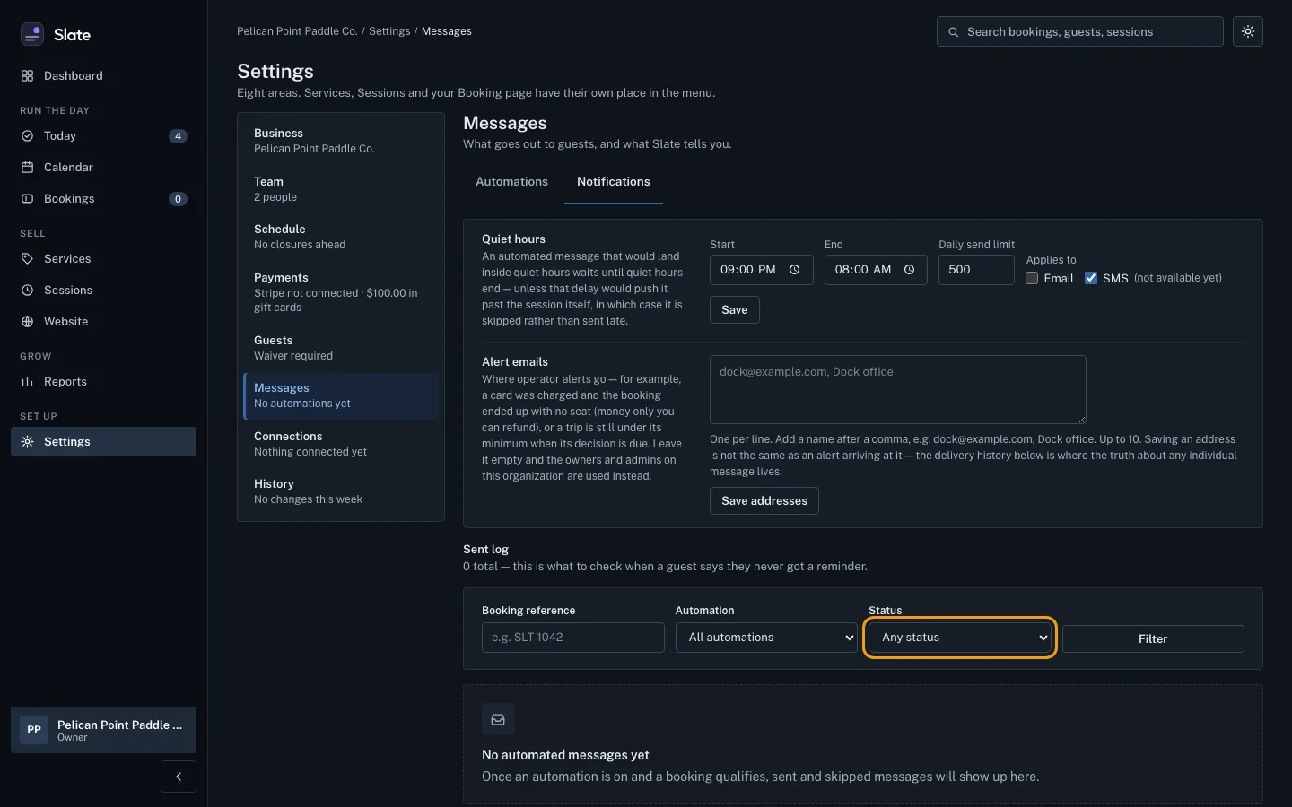 The Sent log filters, Booking reference, Automation and Status, with the Status list outlined and no automated messages yet below.
