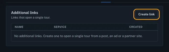 The Private booking links card on the Share page, with no links yet and the Create link button outlined.