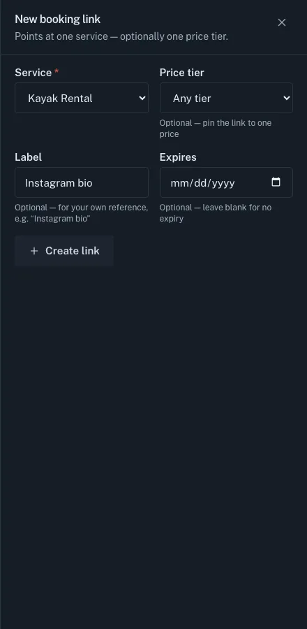 The New booking link panel with a service chosen, Any tier as the price tier, the label Instagram bio typed in, and no expiry date.