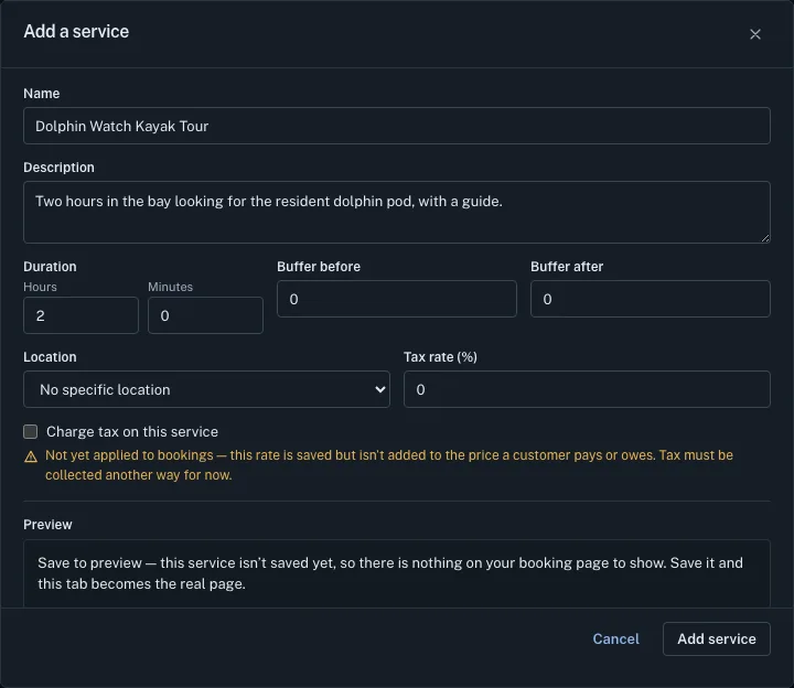 The Add a service form, opened from Add experience, filled in with the name Dolphin Watch Kayak Tour, a short description and a duration of 2 hours.