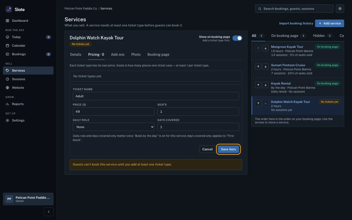The Pricing tab of the new experience with the ticket form filled in as Adult, 49 dollars, 1 seat, and the Save tiers button outlined.
