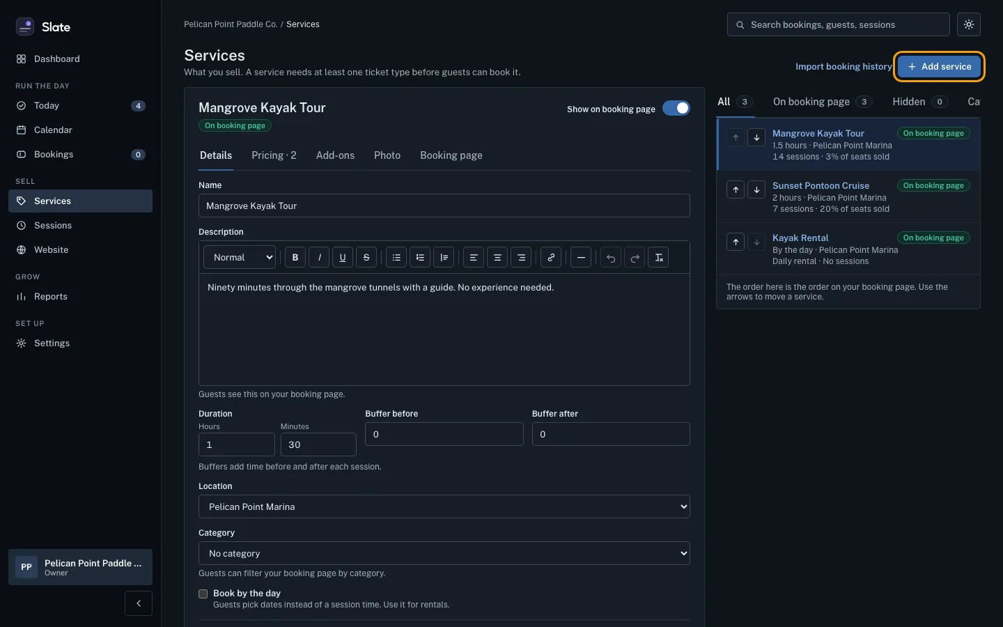 The Experiences page in the Slate console, listing three experiences, with the Add experience button at the top right outlined.