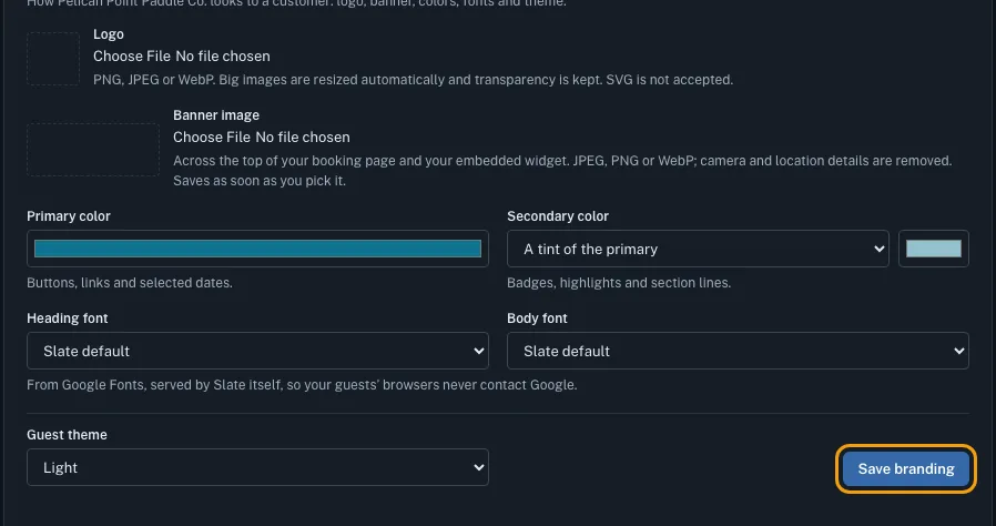 The Branding form with fields for Logo, Banner image, Primary color, Secondary color, Heading font, Body font and Guest theme, and the Save branding button outlined.
