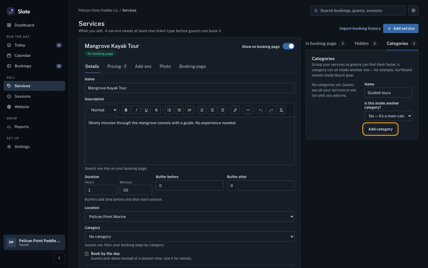 The Categories tab above the experiences list, with Guided tours typed in the Name field and the Add category button outlined.