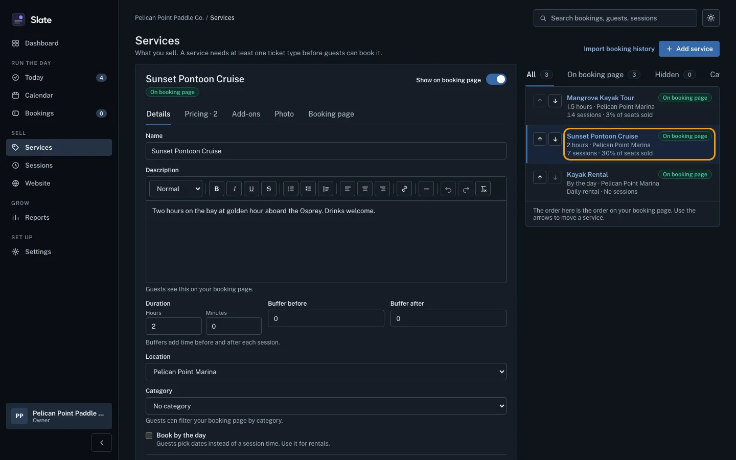 The Experiences page with Sunset Pontoon Cruise selected in the list on the right, outlined, and its Details tab open on the left.