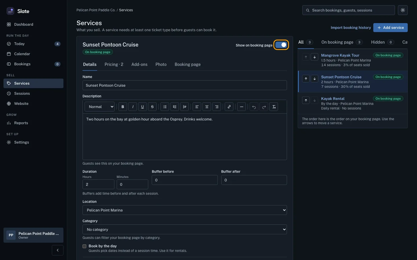 The top of the Sunset Pontoon Cruise experience, with the Show on booking page switch turned on and outlined.