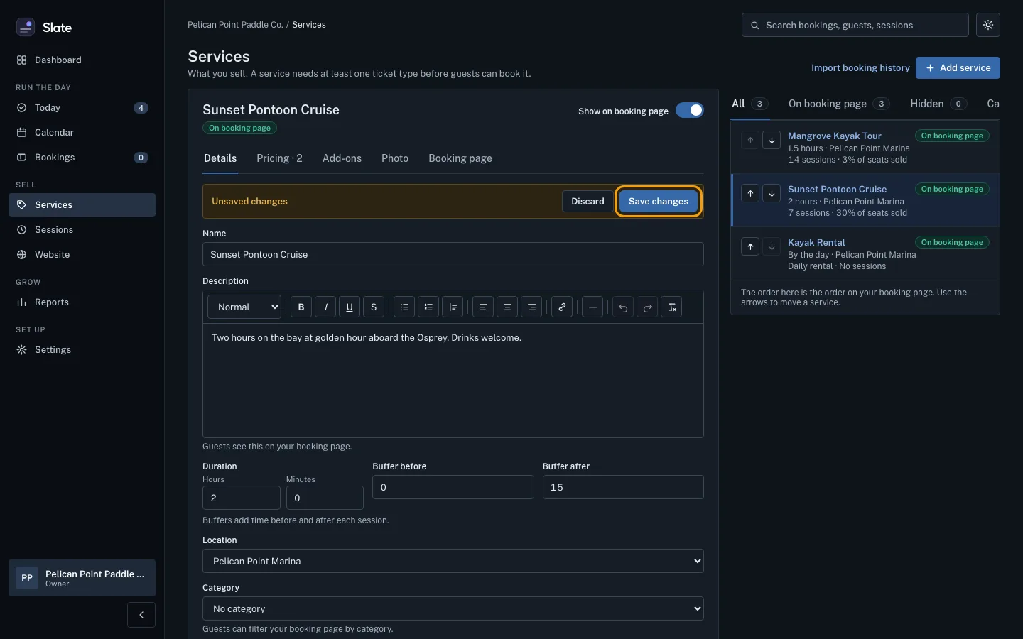 The Details tab of Sunset Pontoon Cruise after Buffer after was changed to 15, with the Unsaved changes bar showing and its Save changes button outlined.