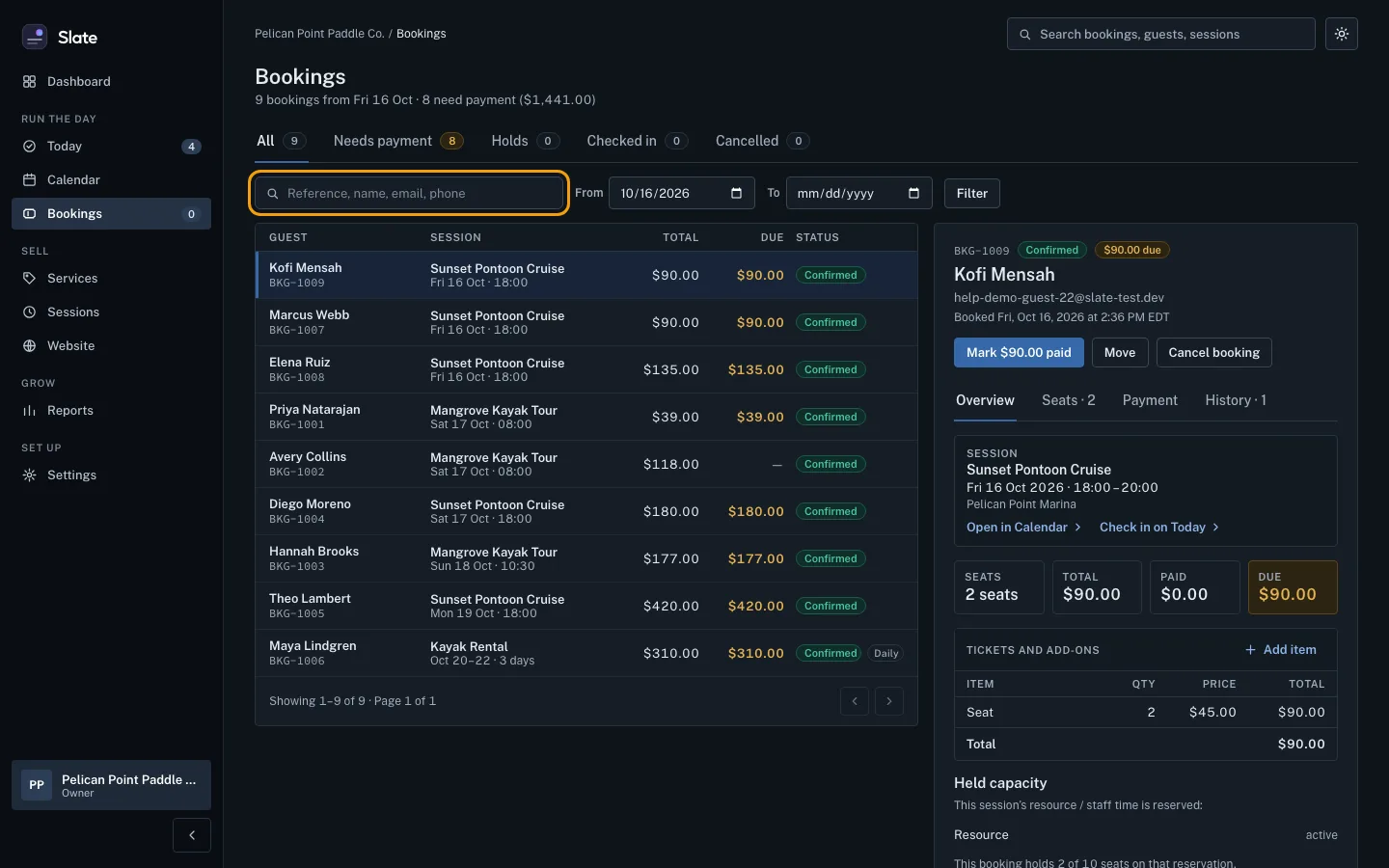 The Bookings page listing nine upcoming bookings for Pelican Point Paddle Co., with the search box outlined and the first booking open on the right.