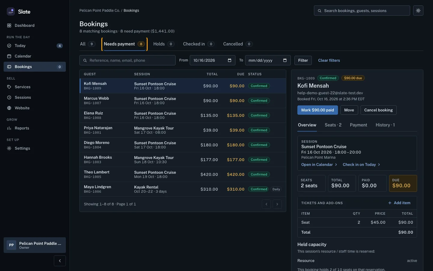 The Bookings page with the Needs payment tab outlined, listing the eight bookings that still have money due.