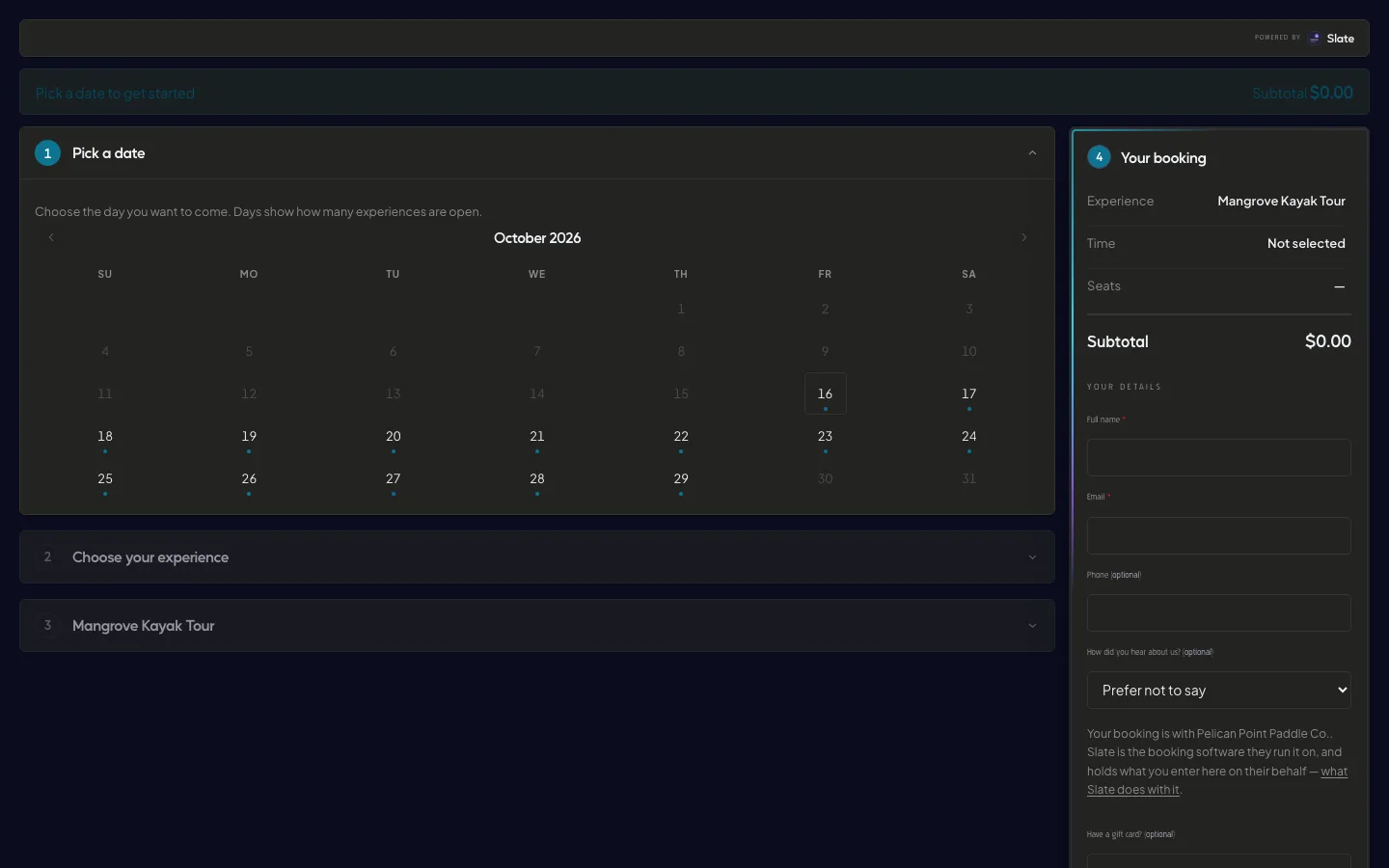 The booking form as it appears inside a website, starting at Pick a date, with the Your booking summary on the right.