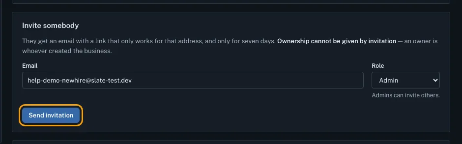 The Invite somebody card on the Team page, with an email address typed in, Admin chosen as the role, and the Send invitation button outlined.