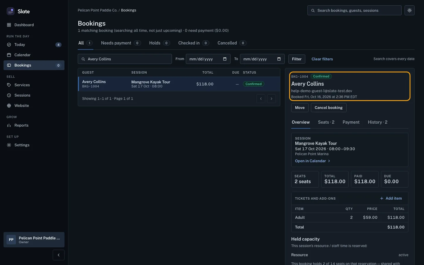 Avery Collins's booking open beside the bookings list, with its header outlined showing the reference BKG-1002, the Confirmed status, her email and when it was booked.