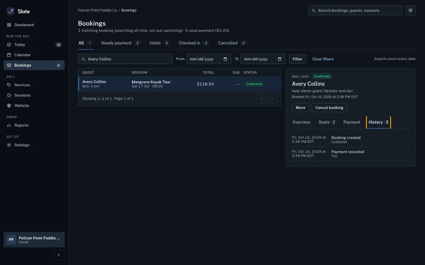 The History tab of Avery Collins's booking, outlined, listing Booking created by the Customer and Payment recorded by You.