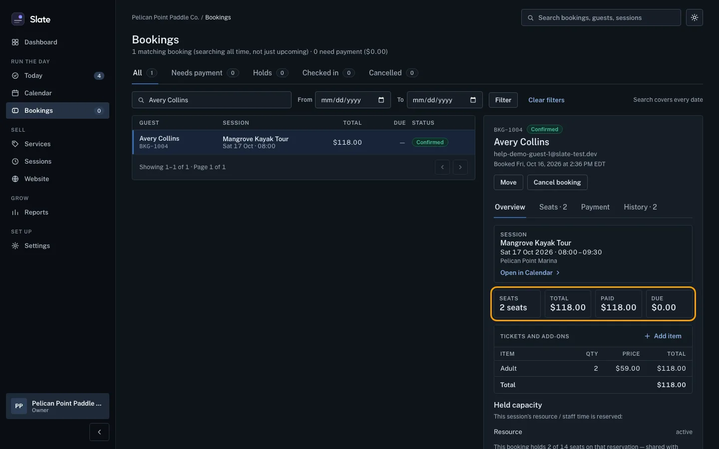 The Overview tab of Avery Collins's booking, with the Seats, Total, Paid and Due tiles outlined, showing 2 seats and 118 dollars paid in full.