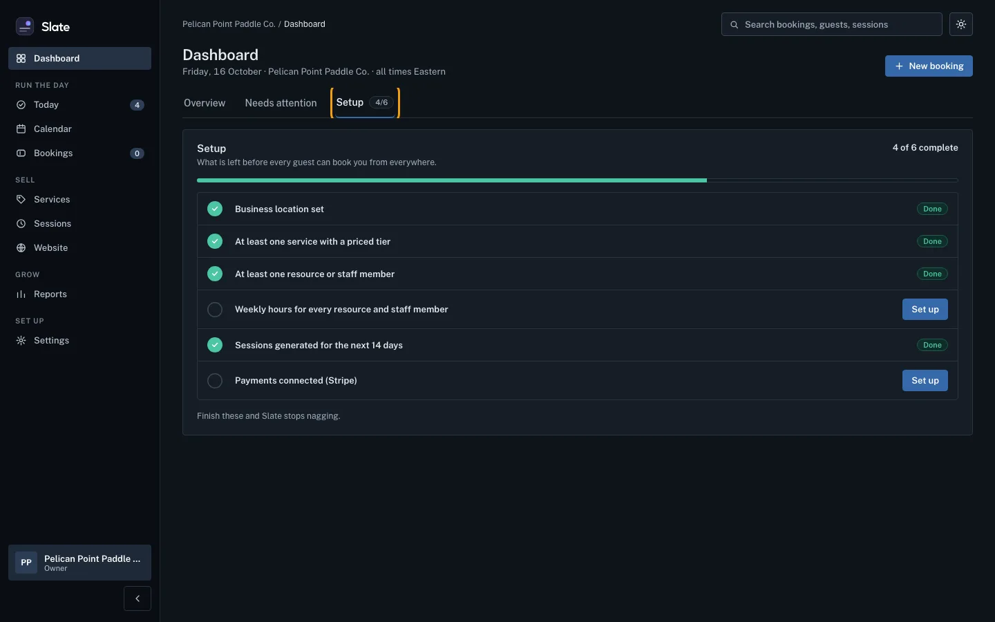 The dashboard's Setup tab outlined, showing a checklist where four of six items are done and the rest have Set up buttons.