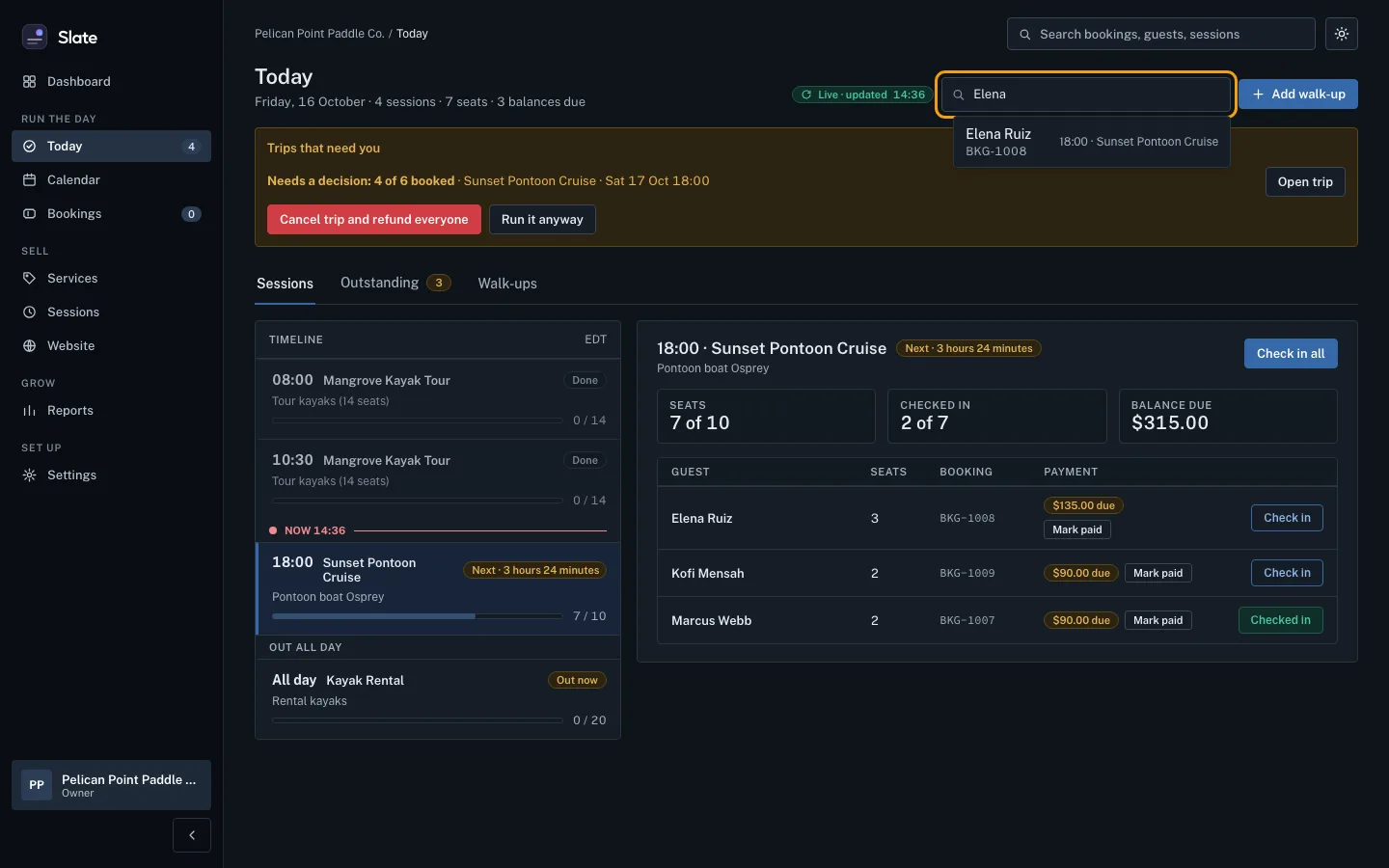 The Find a guest or booking box on Today with Elena typed in, outlined, and Elena Ruiz's booking listed as the match.