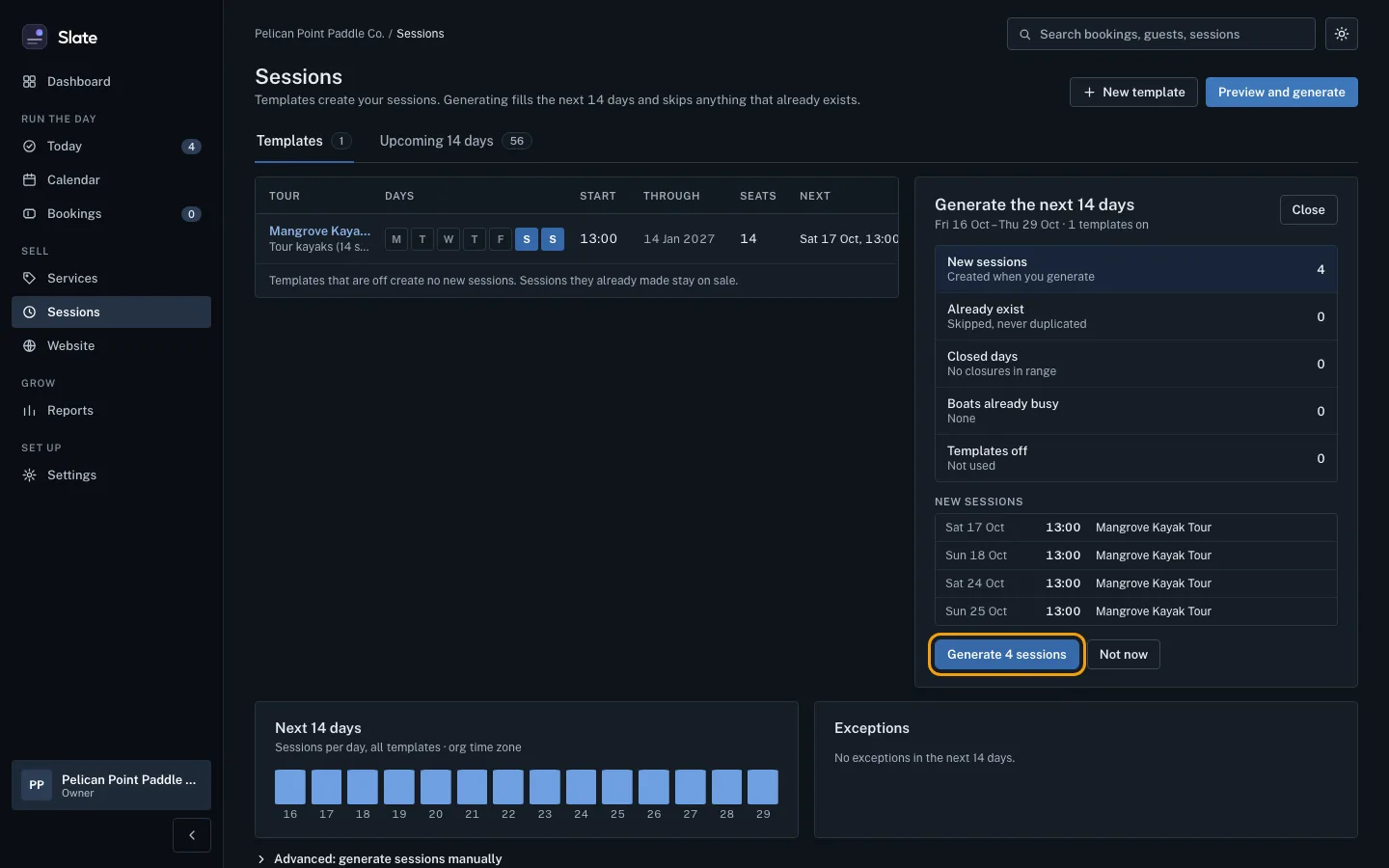 The Schedule tab with the new weekend 13:00 repeating time listed and the Fill the next 14 days button outlined.