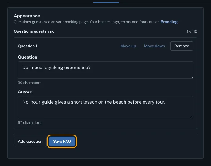 The Appearance card with one question and its answer typed in under Questions guests ask, and the Save FAQ button outlined.