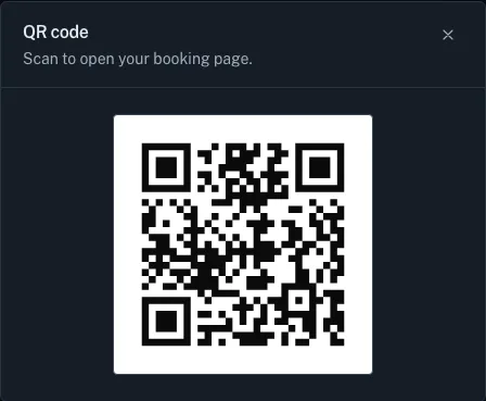 The QR code window, titled QR code, with the text Scan to open your booking page above a black and white QR code.