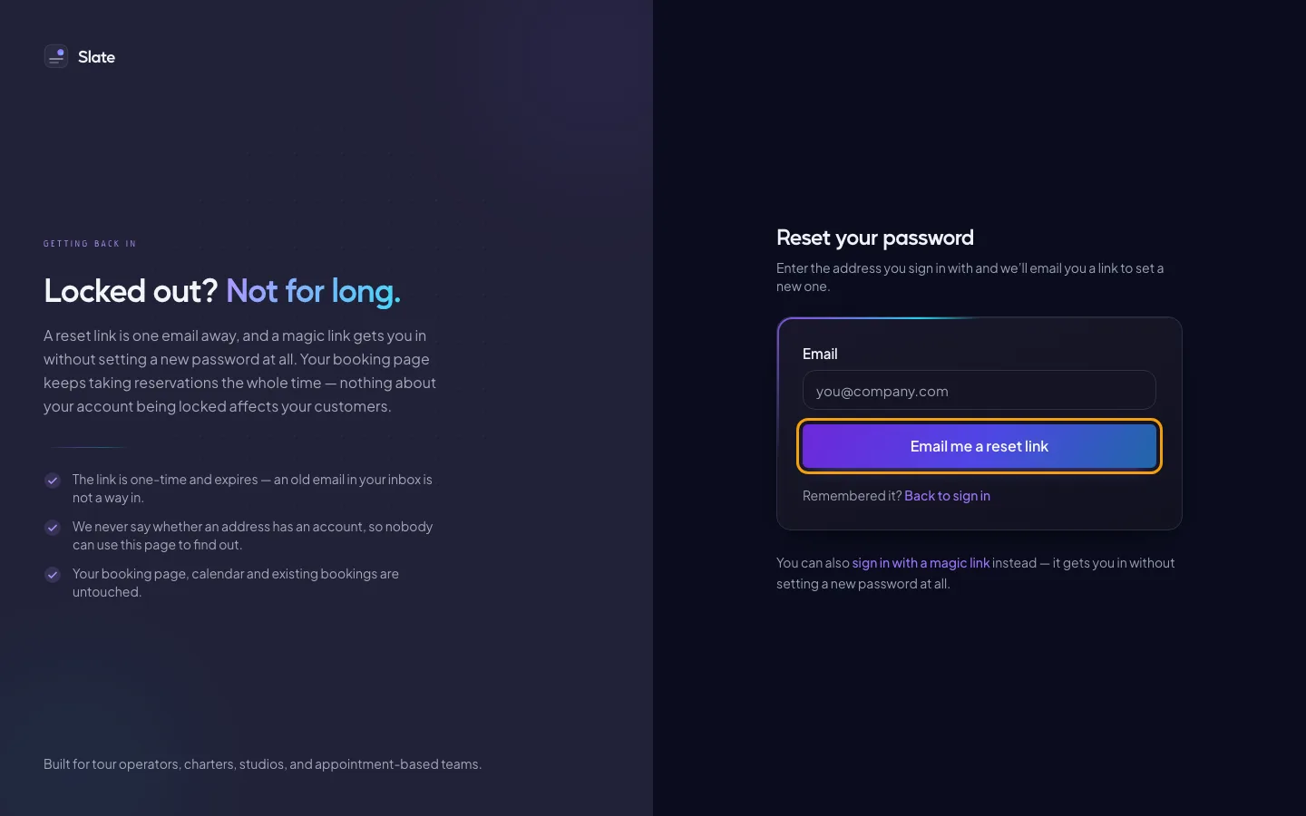 The Reset your password page, with an Email box and the Email me a reset link button outlined.