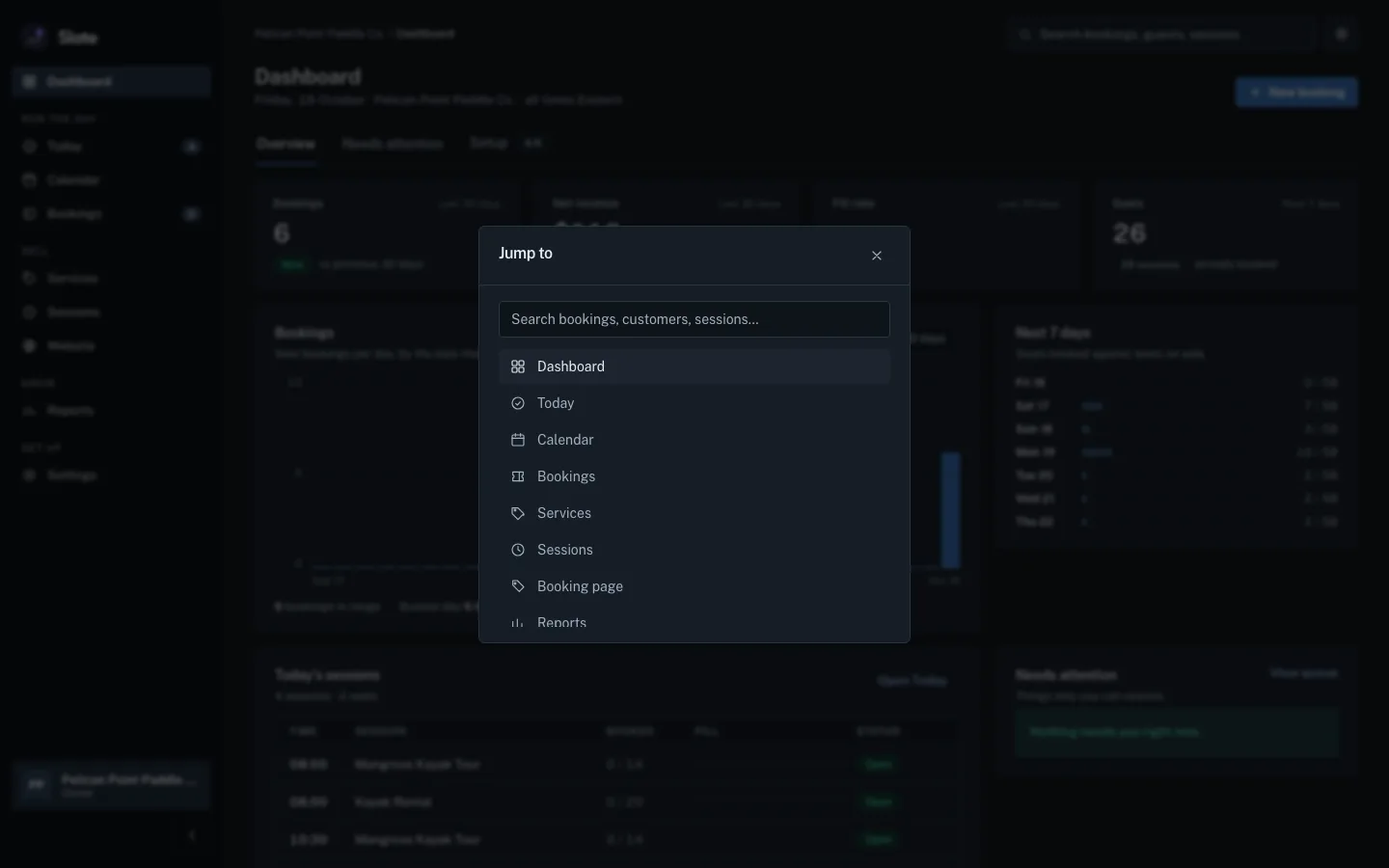 The Jump to box open over the dashboard, with a search field and a list of pages from Dashboard to Reports.
