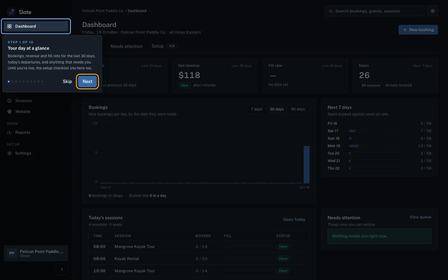 The first tour step, Your day at a glance, pointing at Dashboard in the menu, with the Next button outlined.