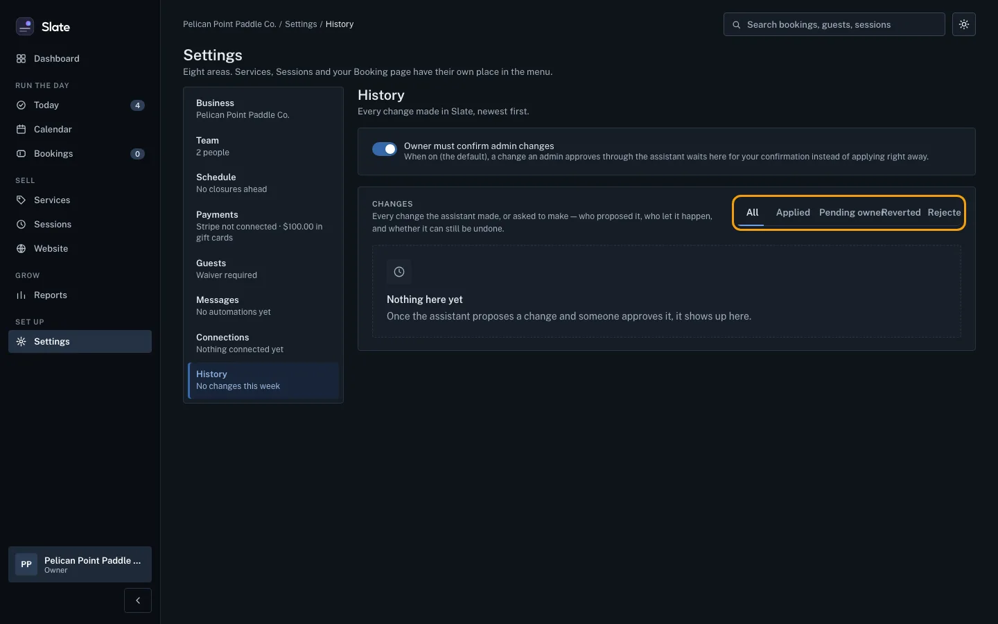 The History page with the Owner must confirm admin changes switch turned on, and the change filters All, Applied, Pending owner, Reverted and Rejected outlined above an empty list.